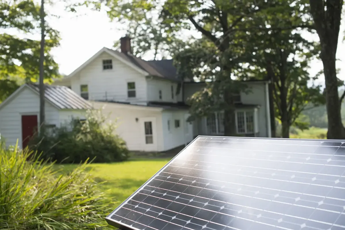 Panel solar frente a una casa con jardín, como las viviendas de Sant Quirze del Vallès